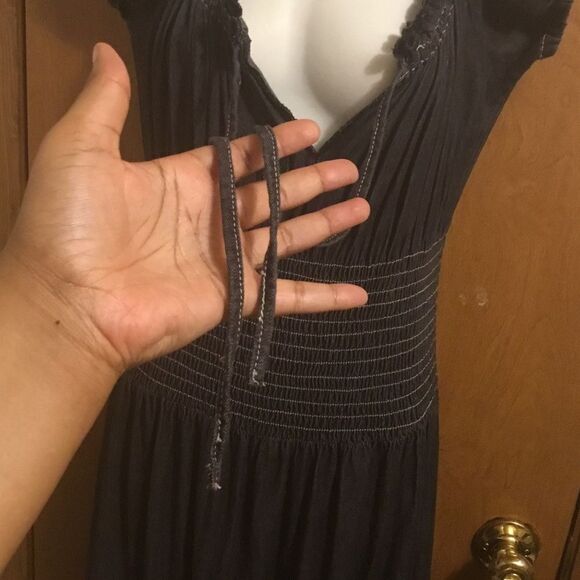 Tiered Ruffle Cinched Waist Boho Peasant Cottagecore Black Jean Maxi Dress 2P - Picture 7 of 10